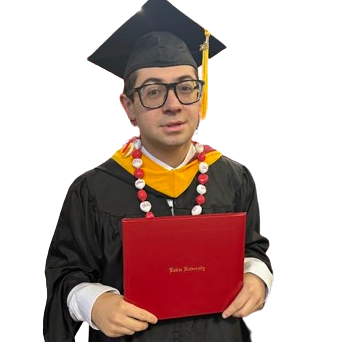 Colton Dynia holding Master's diploma